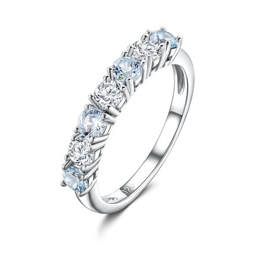 DAYBYDAY Sterling Silver Aquamarine Ring March Birthstone Ring Light Blue Eternity Bands Rings for Women Aquamarine Wedding Band Size 8