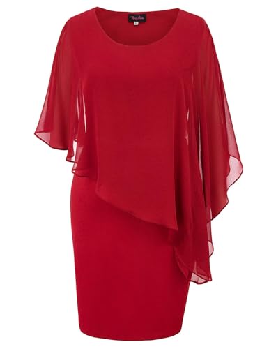 Womens Elegant Ruffle Flattering Cape Sleeve Overlay Cocktail Party Chiffon Dress Red Large