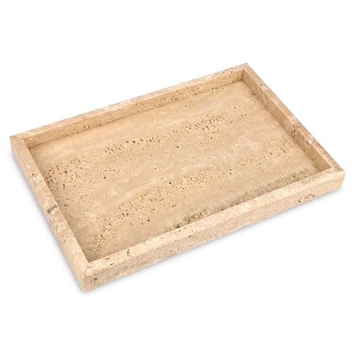 Marble Bathroom Vanity Tray, Natural Luxury Vanity Home Kitchen Bathroom Table Tray, Stone Decorative Countertop Dresser Trays for Key Coffee Perfume Jewelry Makeup (Travertine, 12"x 8" x1.2")
