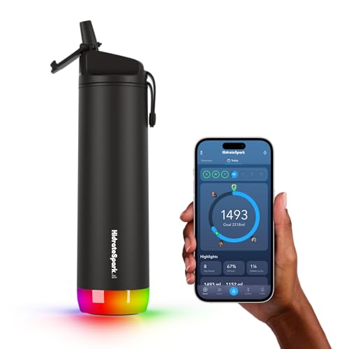 Hidrate Spark PRO Smart Water Bottle – Tracks Water Intake with Bluetooth, LED Glow Reminder When You Need to Drink – Straw Lid, 21oz, Black