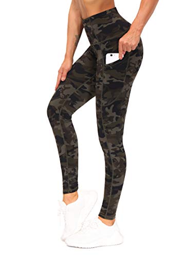 THE GYM PEOPLE Thick High Waist Yoga Pants with Pockets, Tummy Control Workout Running Yoga Leggings for Women (Medium, Army Green Camo)