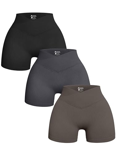 OQQ Women's 3 Piece Yoga Shorts Ribbed Seamless Workout High Waist Cross Over Athletic Leggings Black Grey Tea Leaf
