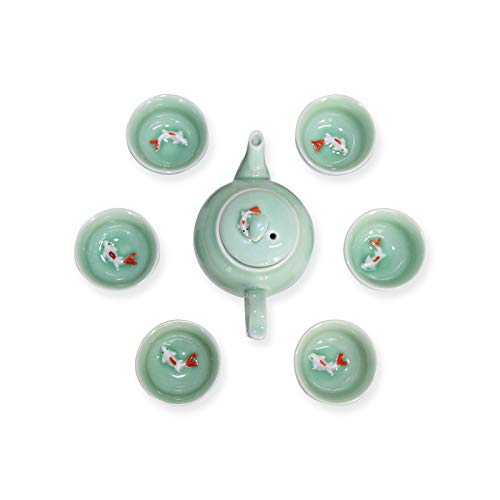 FEIZEMAO Chinese Kung Fu Tea Set Hand Painted Porcelain(6 Cups with Teapot)-Green Teacups Koi Fish Design (White)