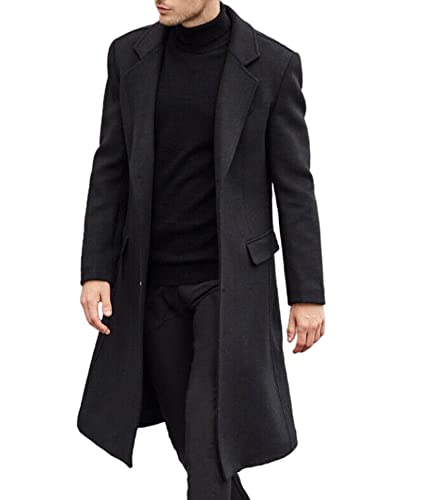 SOMTHRON Men's Casual Trench Coat Slim Fit Notched Collar Long Jacket Overcoat Single Breasted Pea Coat wih Pockets BL-3XL