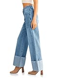 PLNOTME Womens Baggy Cuffed Jeans Casual Straight Leg Boyfriend Denim Pants with Pockets Light Blue