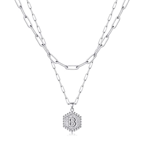 M MOOHAM Silver Layered Initial Necklaces for Women - Cute Letter Initial B Necklace Choker Necklace Silver Layered Necklaces for Women