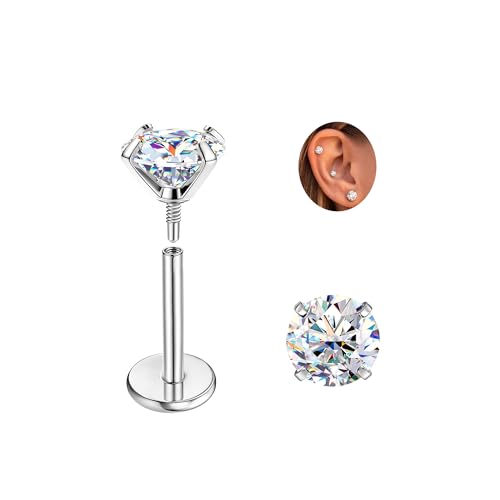 GEMQUEEN Moissanite Earrings Studs Flat Back Earrings Hypoallergenic : G23 Titanium Earrings for Cartilage Internal Thread 18G Helix Tragus Conch Piercing Jewelry for Women Men D Color VVS1 1CT