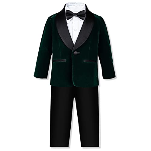 Boy's Formal Tuxedo Suit Set, Velvet Blazer Jacket, Bow Tie and Dress Pants Dresswear, Dark Green, 12-18 Months = Tag 80