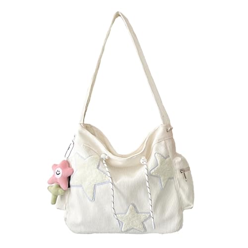 KAMEILONG Star Crossbody Bag Women Corduroy Tote Aesthetic Messenger Shoulder Y2K Hobo Bag (White)