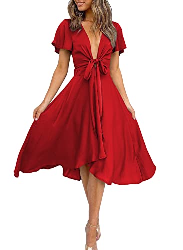 miduo Womens Midi Dresses Satin Wrap Tie V Neck Short Sleeve High Waist Skater A Line Wedding Party Maxi Midi Dresses for New Year Red L