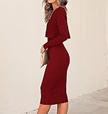 Ezbelle Womens Crewneck Long Sleeve Elegant Sexy Bodycon Midi Dress Ribbed Knit 2 Pieces Plain Outfits Winter Tank Sweater Burgundy Medium