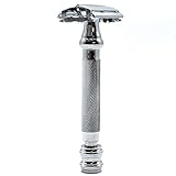 Parker 99R Chrome Long Handle Heavyweight Butterfly Open Double Edge Safety Razor for Men, 5 Parker Premium Platinum Double Edge Razor Blades Included