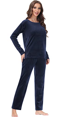 COZZIPLUS Women Velour Lounge Set 2 Piece Velvet Pajama Set Sweatsuit Crew Neck Sweatshirt and Elastic Waist Sweatpant(Navy,M)