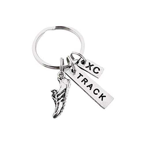 Pewter RUN TRACK XC Key Chain - Pewter Running Shoe Charm, Pewter TRACK Pendant and Pewter XC Charm on Round Key Ring - All Pewter Key