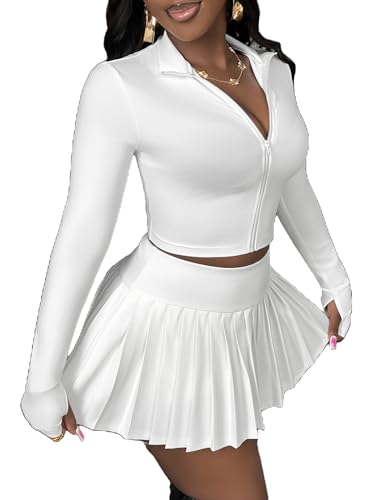 SOLY HUX Women's Skirt Sets 2 Piece Outfits Long Sleeve Crop Top with Pleated Mini Skirt Set Activewear Party Outfits for Women Plain White Small