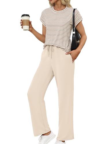 Glamaker Two Piece Sets for Women Summer Travel Outfits Lounge Set Short Sleeve Pullover Tops Sweatpants 2025 Fashion Outfits Khaki L