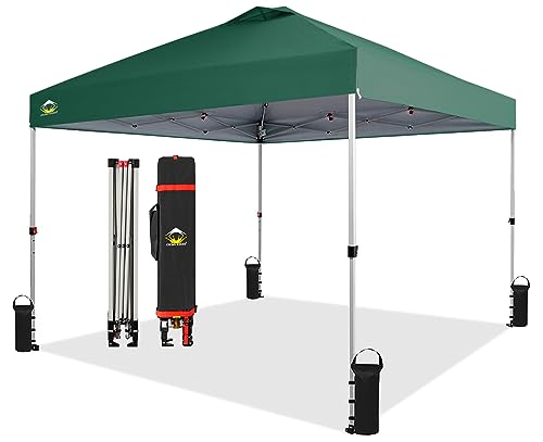 CROWN SHADES 10x10 Pop Up Canopy - Beach Tent with One Push Setup - Easy Outdoor Sun Shade for Events, Parties, Camping - Gazebo with STO-N-Go Cover Bag, Silver Coated Top, Forest Green