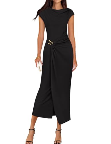 ZESICA Women's 2025 Summer Mock Neck Casual Bodycon Dress Cap Sleeve Elegant Cocktail Party Long Midi Dresses,Black,Medium