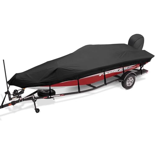 Boatpro Trailerable Boat Cover 17-19ft with Outboard Motor Cover, 900D Fade Resistant Marine Canvas Waterproof Boat Covers for 17 feet 18ft 19' Foot V-Hull Bass Boat Tri-Hull Runabout Boat, Black