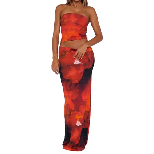 Goafuliy Skirt Sets Women 2 Piece Outfits Floral Print Strapless Crop Tube Top Bodycon Maxi Dress Summer Y2k Vacation Set Red S
