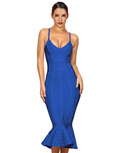 Maketina Women's Mermaid Spaghetti Strap V Neck Bodycon Midi Cocktail Bandage Dress Blue L