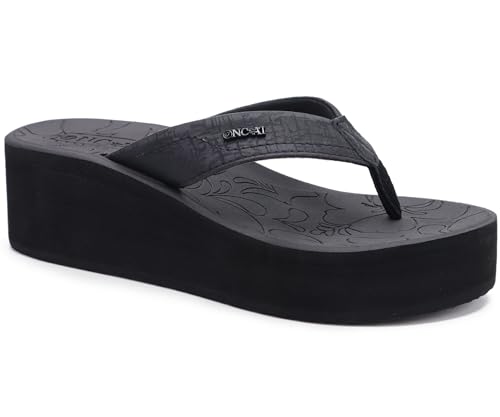 ONCAI Women’s Platform Flip Flops 2025 Womans Dressy Summer Beach Essentials Wedge Sandals Trendy Comfortable Chunky Flatform Walking Outdoor Thick Rubber Soles Black size 9