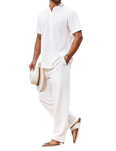 COOFANDY Men's 2 Piece Cotton Sets Casual Short Sleeve Henley Shirts and Yoga Beach Pants with Pockets Summer Vacation Outfit