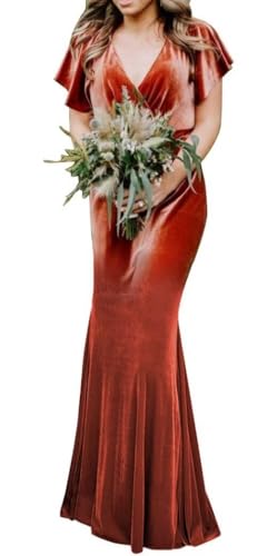 Flutter Sleeve Velvet Bridesmaids Dresses V Neck Women Wedding Long Bridesmaid Dresses for Fall Rust Red Size 16
