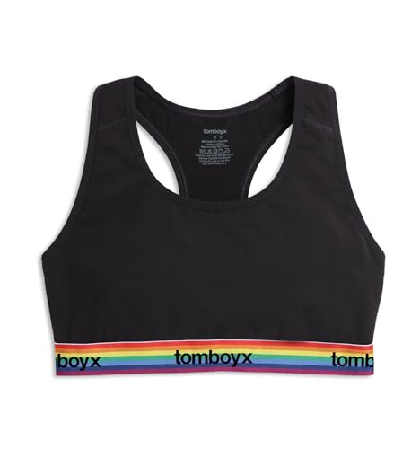 TomboyX Racerback Bra, Cotton Comfort Bralette for Women, Wireless No-Padding Low-Impact -X-Small/TomboyX Black Rainbow Logo