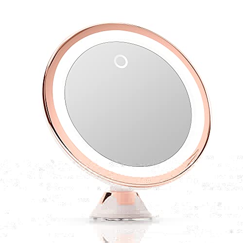 Fancii 10X Magnifying Makeup Mirror with True Natural Light and Locking Suction - 8 inch Large Lighted Travel Vanity Mirror, Dimmable Daylight LEDs, Battery and USB Operated - Luna (Rose Gold)