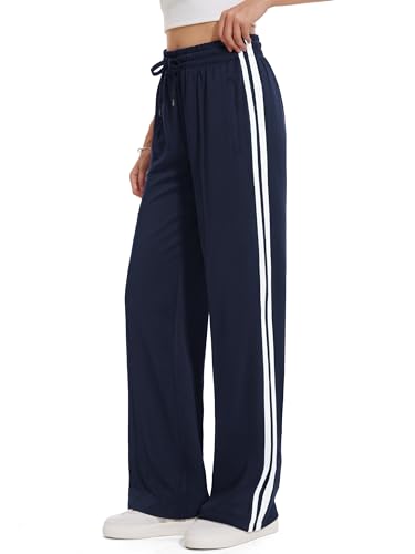 Tapata Women's 28" Inseam Petite Track Pants Loose Straight Leg Jogging Sweatpants Warm-Up Sports Athletic Running, Navy Blue, L