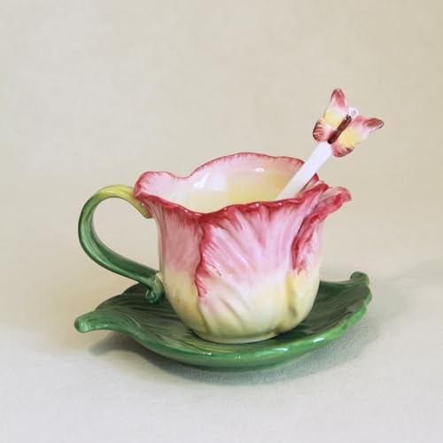 Minigift Ceramic Tea Cup and Saucer Set ，6OZ 3D Hand-Painted Flower Coffee Mug，Gift for Women -Pink Tulip