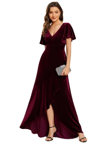 Ever-Pretty Women's V Neck Wrap Velvet Maxi Dress Ruffle Sleeve Split Bridesmaid Cocktail Party Dress Burgundy US16