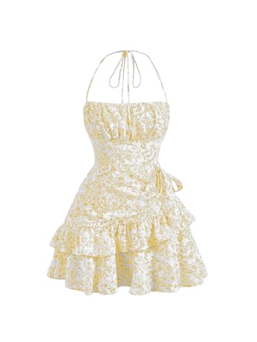Floerns Women's Floral Print Sleeveless Halter Tie Back Layered Hem Cami Mini Dress Yellow Small