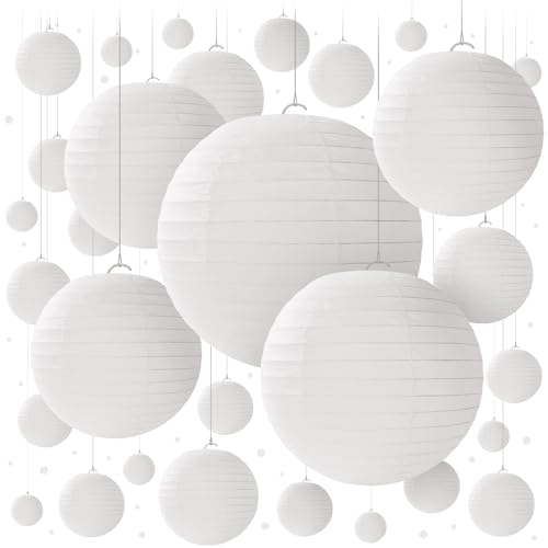 White Paper Lanterns - 60 Piece Set - White Party Decorations - Hanging Chinese Lanterns in Sizes of 4", 6", 8", 10", 12" (12 of Each) - Indoor and Outdoor White Wedding Decorations by Avoseta