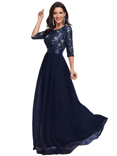 Ever-Pretty Women's Elegant A Line Crew Neck Half Sleeve Sequin Maxi Evening Dress Navy Blue US10