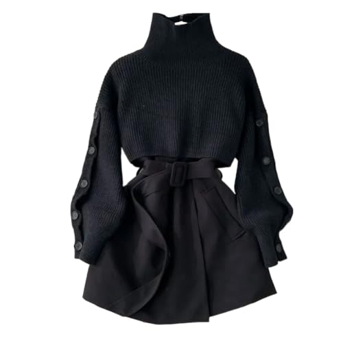 ChenKongHai Autumn and Winter Gentle Style Wear Women's Korean Short Sweater Vest Suit Skirt Two-Piece Set s2 Black M