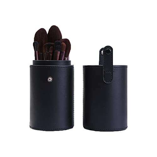 QUUPY Black PU Leather Makeup Brush Holder Organizer with Lid Portable Makeup Tools Large Capacity Case Organizer Cylinder Storage Box Bag(without brush)