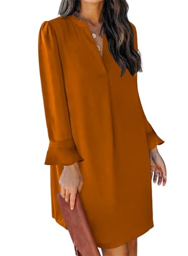 QACOHU Dresses for Women 2025 V Neck Ruffle Long Sleeve Simple Casual Loose Flowy Autumn Winter Shift Dress Caramel L