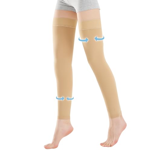 Medical Thigh High Compression Socks Footless for Women and Men (Pair), 15-20 mmHg with Silicone Dot Band, Medical Compression Stockings for Varicose Veins (BEIGE, M)