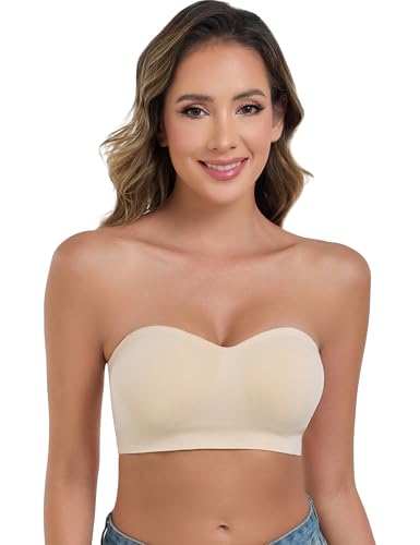 ANGOOL Strapless Bras for Women Wirefree Non-Slip Tube Top Invisible Bralette Seamless Padded Bandeau Bra, Beige, M
