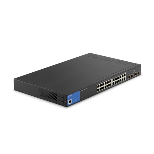 Linksys 24 Port Gigabit Managed Network Switch with 4 x 1Gb Uplink SFP Slots - PoE / PoE+ Ports, QoS, Static Routing, VLAN, IGMP Features - Metal Housing, Desktop or Wall Mount - LGS328PC