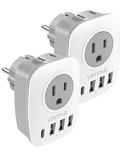 2 Pack Type E/F Plug Adapter, VINTAR Schuko Germany France Adapter Plug,South Korea Outlet Adapter with 1 USB C,3 USB Ports and 2 Outlets, US to EU Spain Iceland Greece Paris German French Korea