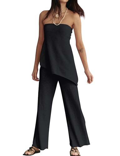 Anoumcy 2 Piece Sets for Women Tube Tops and Pants Lounge Sweater Sets Summer Beach Travel Vacation Outfits Black M