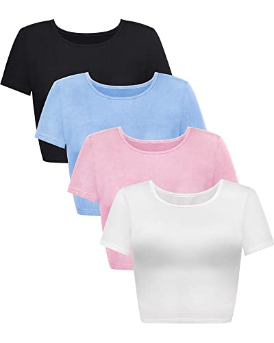 Syhood 4 Pack Summer Crop Tops for Women Basic Tight Short Sleeve Cute Trendy Scoop Neck Crop Tops for Women or Teen Girls(Medium,Black, White, Pink, Blue)