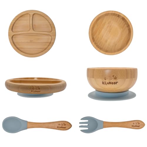 KhaNoor Bamboo Toddler Plate & Bowl Set with Strong Suction – Includes Plate, Bowl, Spoon & Fork – Baby Plates with Suction for Baby Led Weaning, Kids Feeding Essentials, Non-Toxic & BPA Free