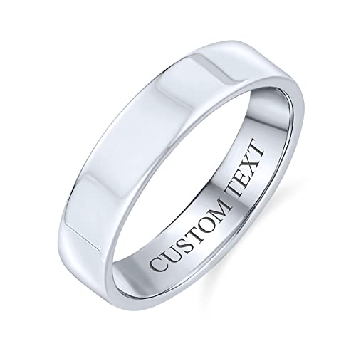 Bling Jewelry Personalized Minimalist Simple .925 Sterling Silver Flat Couples Wedding Band Ring For Women For Men 4MM Custom Engraved