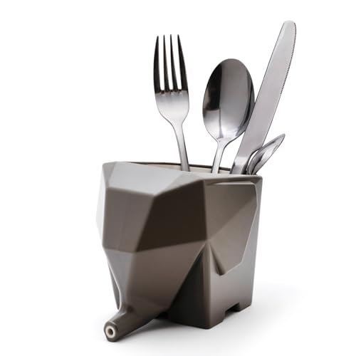 PELEG DESIGN Cutlery Holder Jumbo Cute Drainer and Funny Plastic Elephant Sink Cutlery Organizer Drainer Storage Box and Toothbrush Holder (Grey)