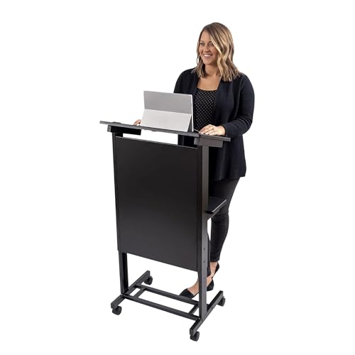 Stand Up Adjustable Height Lectern Podium | Rolling Desk with Storage Shelf | Ergonomic Standing Desk Frame for Office, Classroom, Laptop, Teaching, Presentations & More (Black)