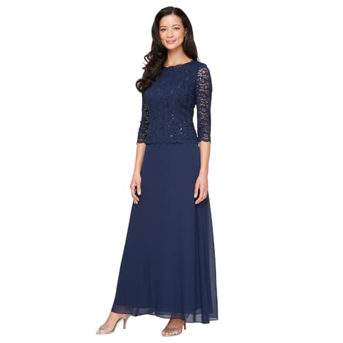Alex Evenings Women's 3/4 Sleeve Stretch Lace Bodice One Piece Mother of The Bride Dress (Petite and Regular Sizes), Navy, 12